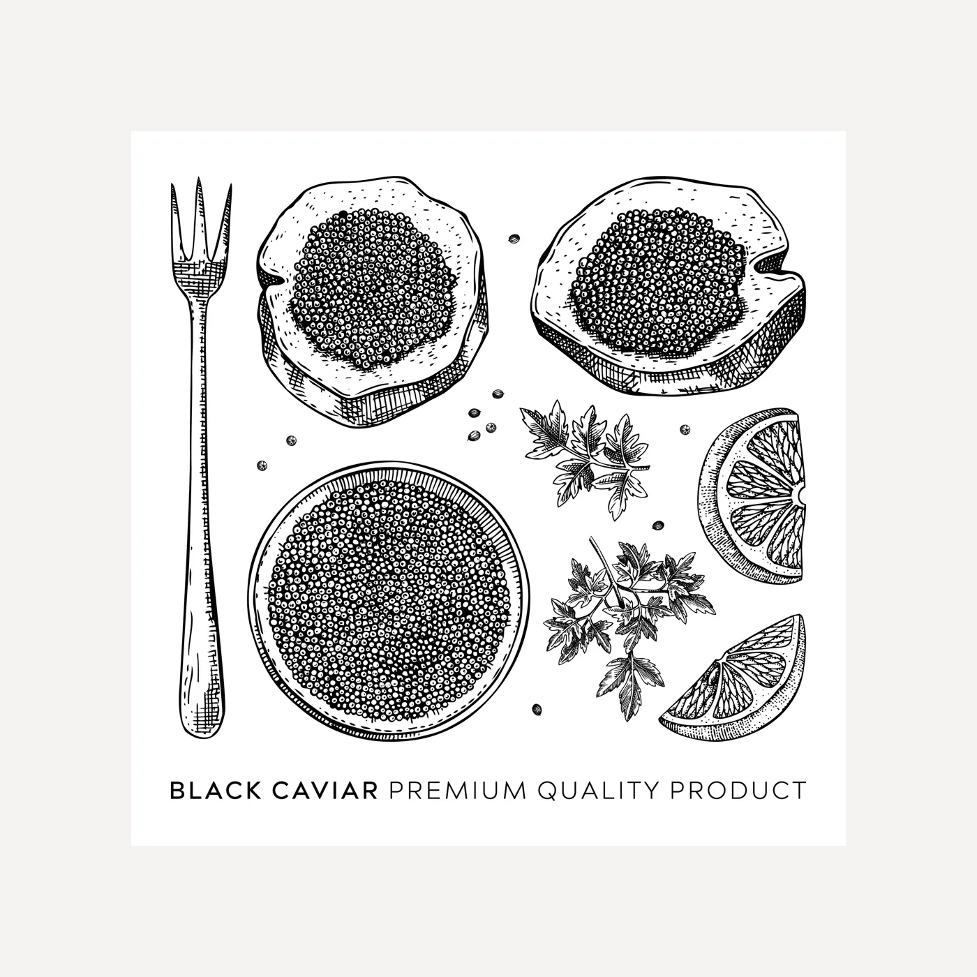 Hand-drawn caviar sketches set isolated on white background. Black caviar in opened tin can, caviar canape, lemons, spices vector drawings. Seafood delicacy illustrations for restaurant or finger food Illustration